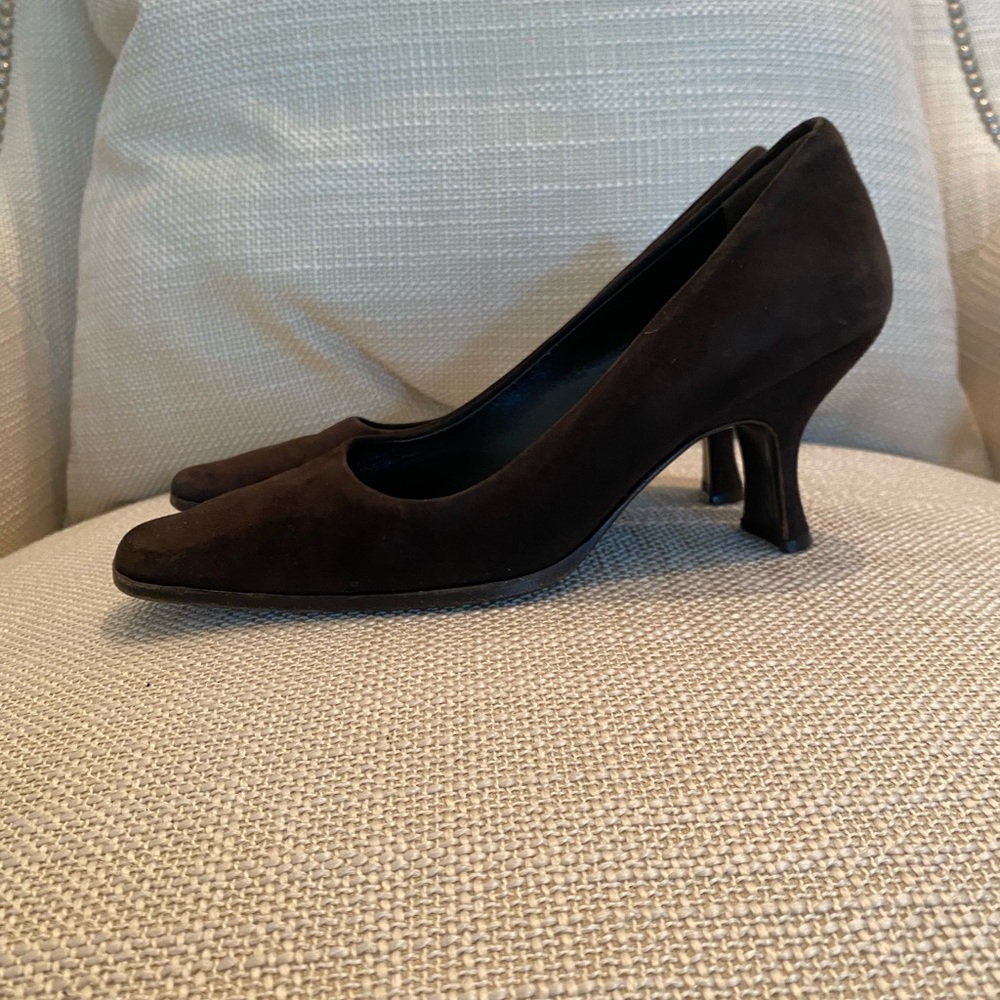 Prada Brown Suede Square Toe w Unique Heel Pump / Womens Size 8 - Picture 9 of 13